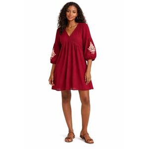 NWT Caslon Gauze Boho Peasant Dress Medium Embroidered Sleeves Lined Burgundy